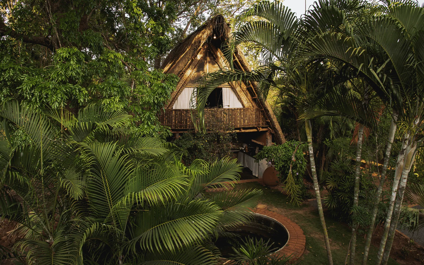 Thatched-roof tree house at Keeth House eco-stay near Auroville, Tamil Nadu